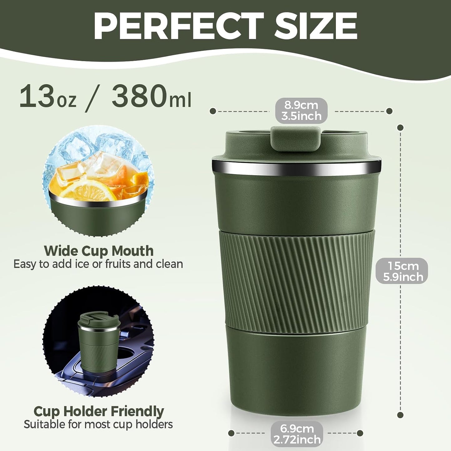 Taza café viaje acero inox 13oz doble pared 4uds verde militar