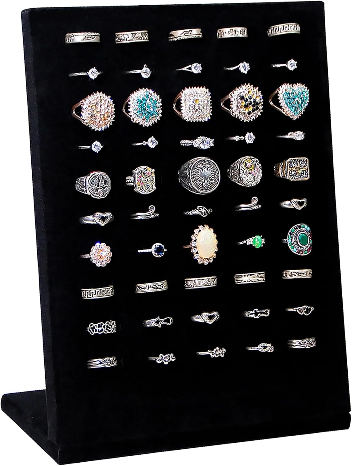 Soporte anillos terciopelo 50 ranuras forma L negro