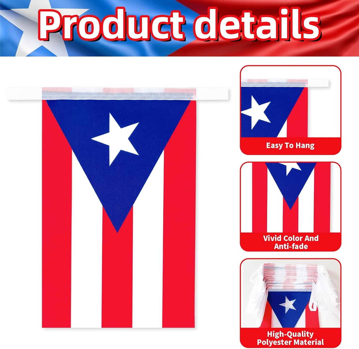 Bandera Puerto Rico 32.8ft con 30 banderines rojos blancos azules