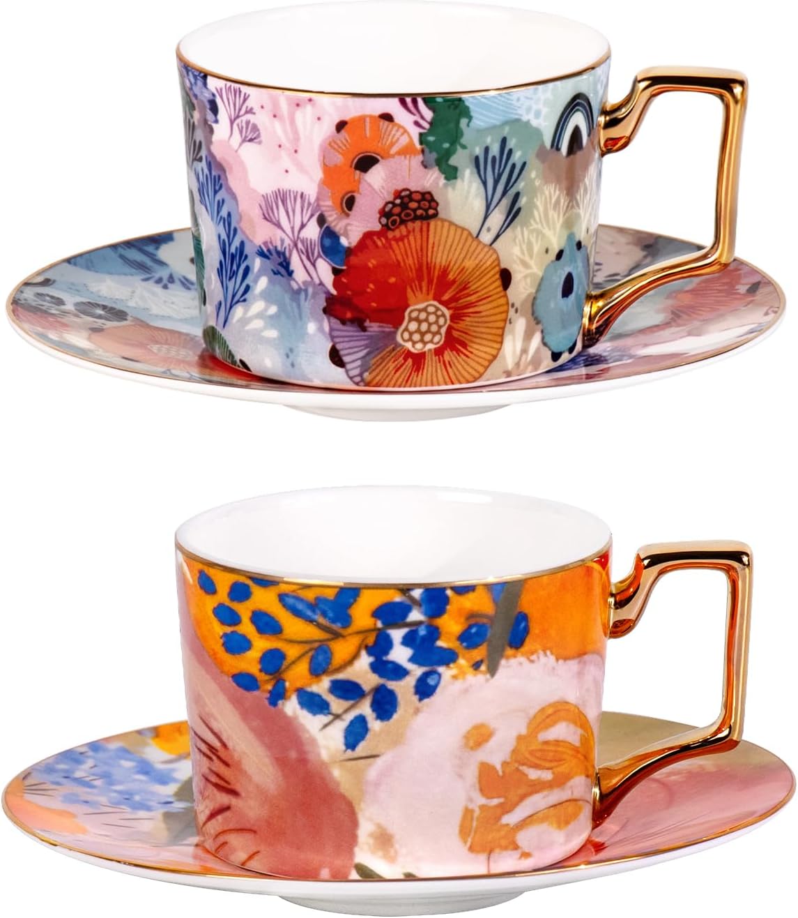 Set 2 Tazas Té y Platillos Cerámica 8.5oz Expreso Apilables