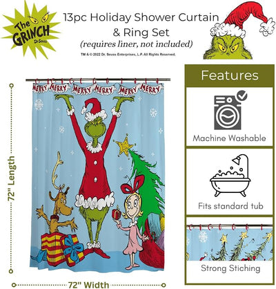 Set 13 Pzas Cortinas Ducha 72x72pulg Dr. Seuss The Grinch