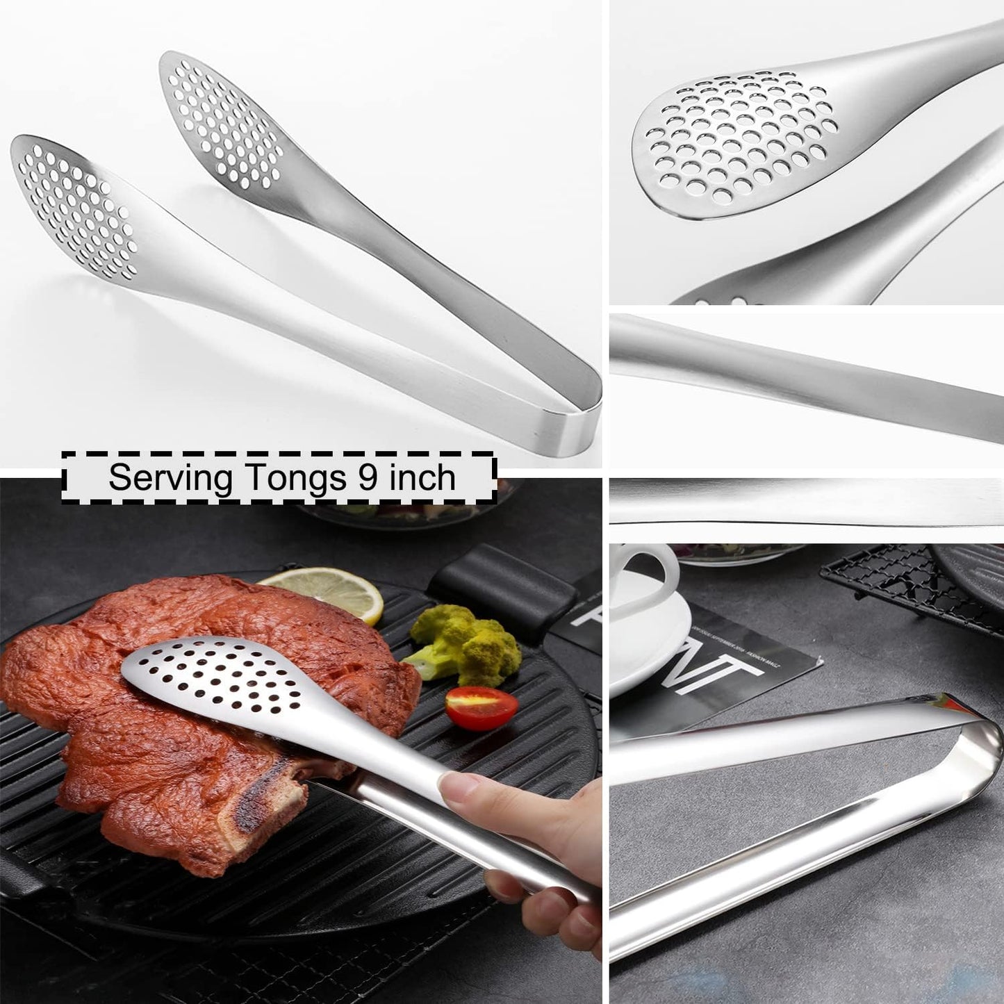 4 Pinzas Servir 9pulg Acero Inox Bufé Fiestas Plateado