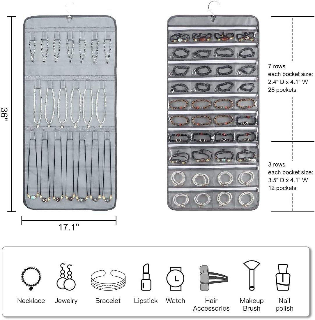 Organiz. joyas colgante 40 bolsillos 20 bucles gris