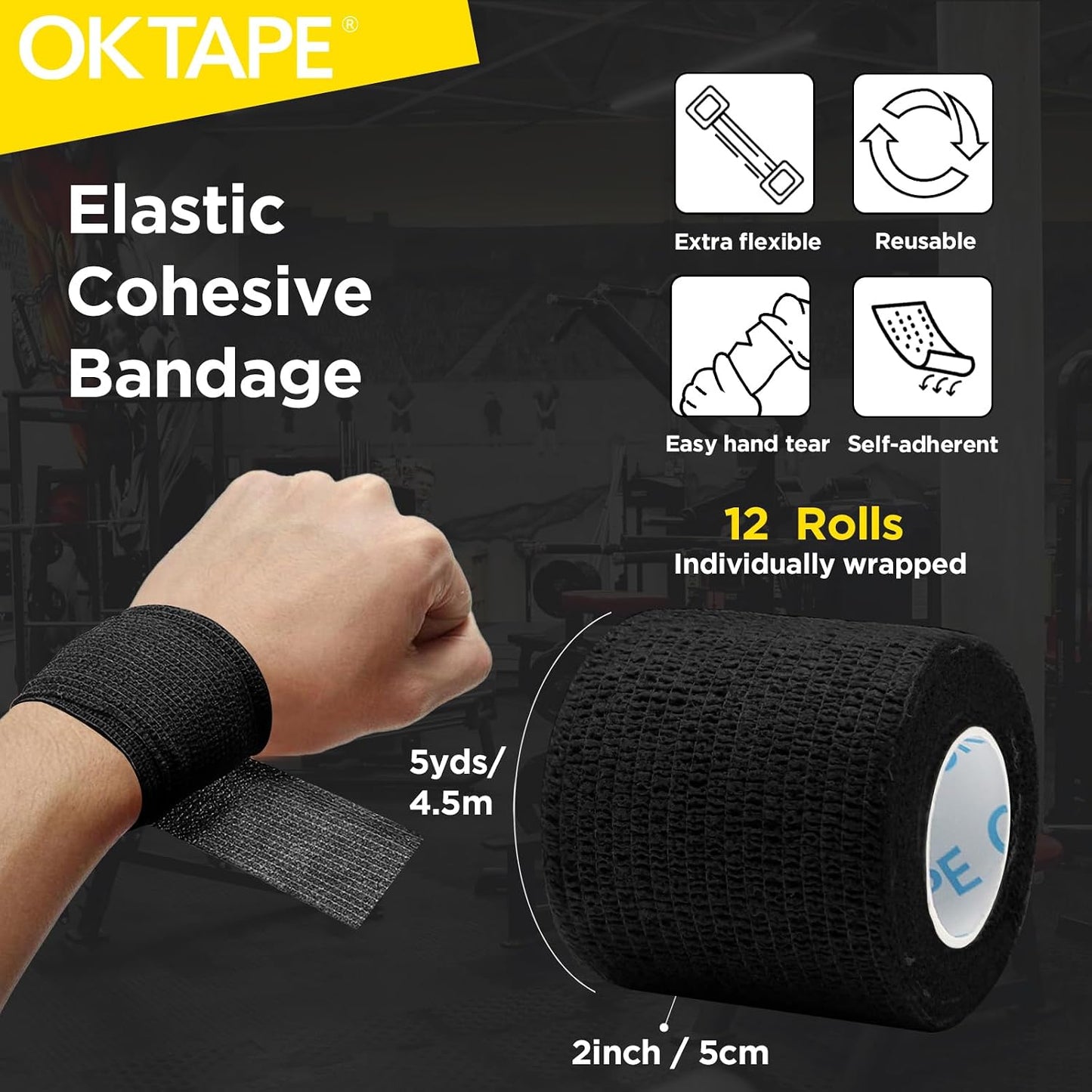 12 Rollos Cinta Atlética Elástica Autoadhesiva 2pulg x5yd Negro