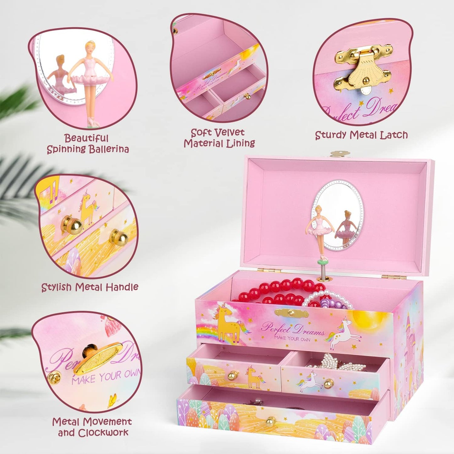 Joyero musical unicornio set collar pulsera 3 cajones bailarina