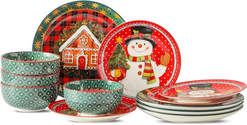 Set 12 Pzas Vajilla Navidad Cerámica Rojo Verde