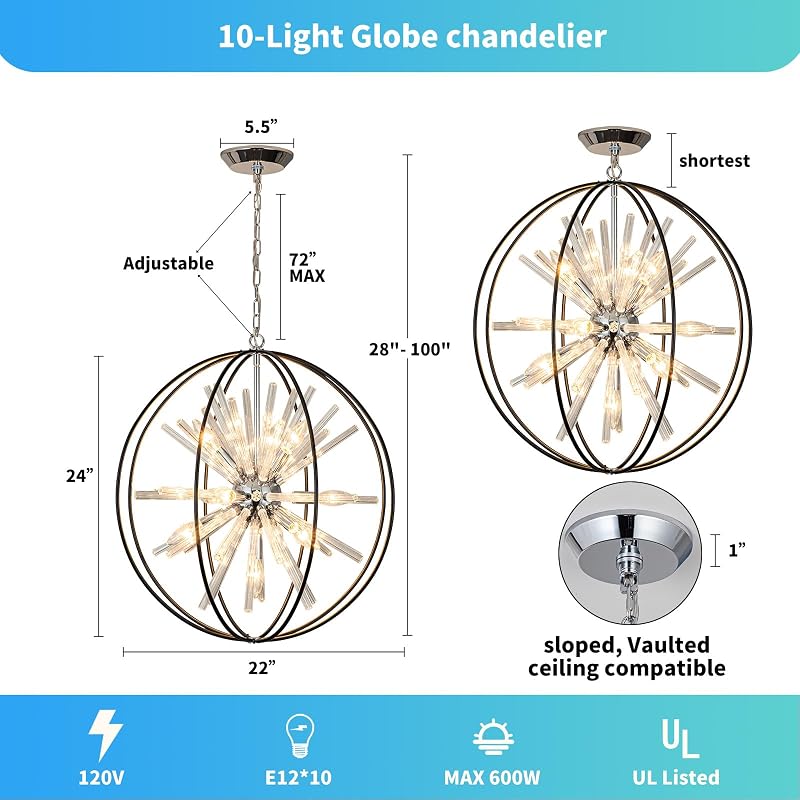 Candelabro moderno negro 10 luces cristal para comedor