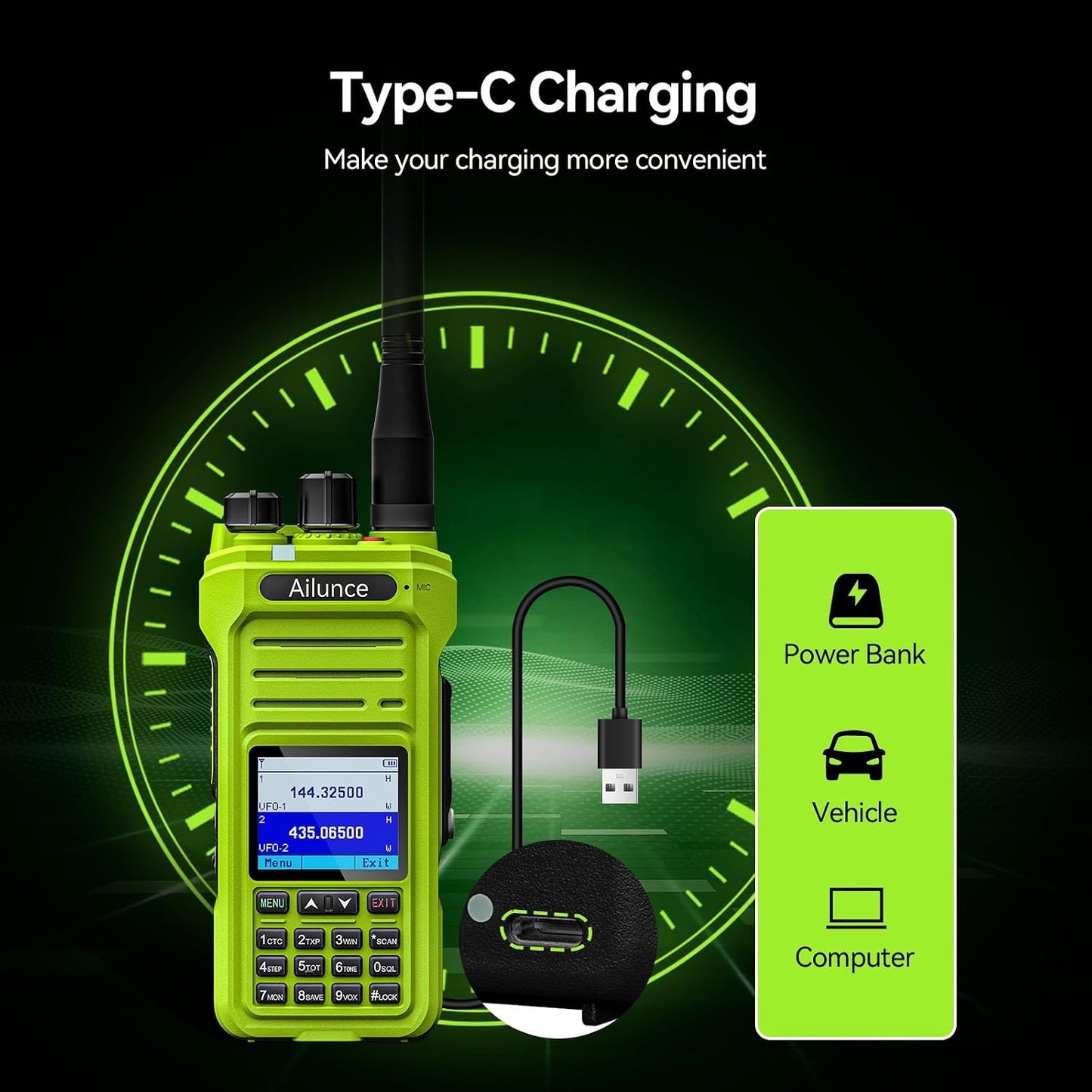 Radio GMRS impermeable IP67 USB-C 2800mAh campamento