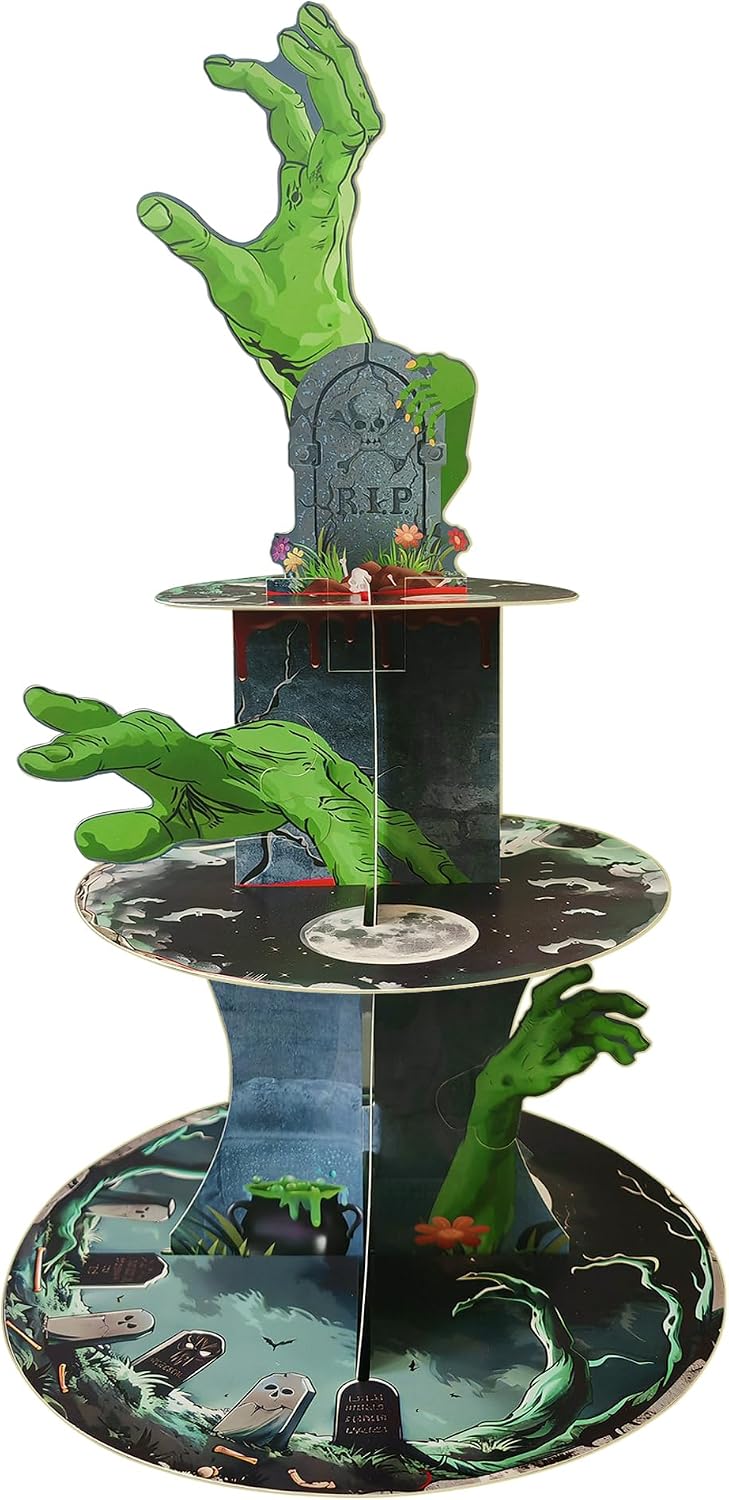 Soporte 3 niveles cupcakes Halloween zombi cementerio fiesta