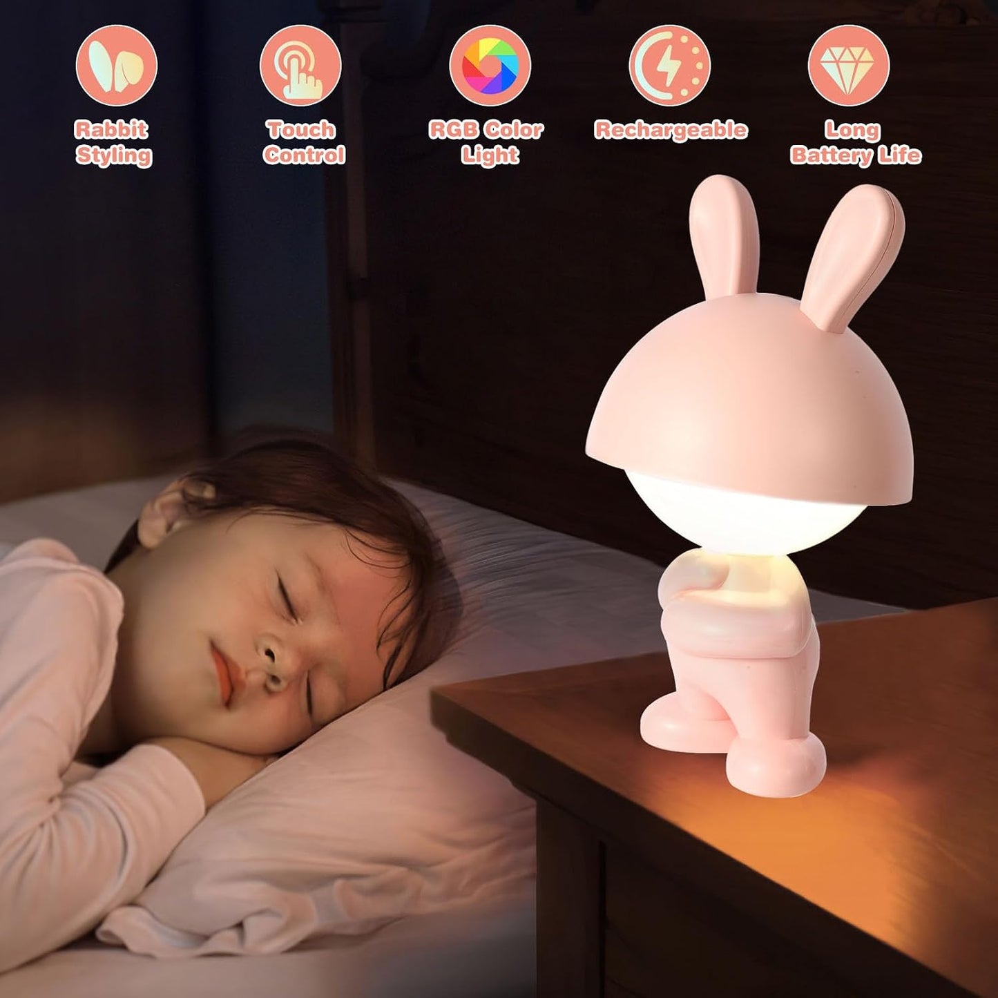 Lámpara de noche LED forma conejo regulable tactil rosa
