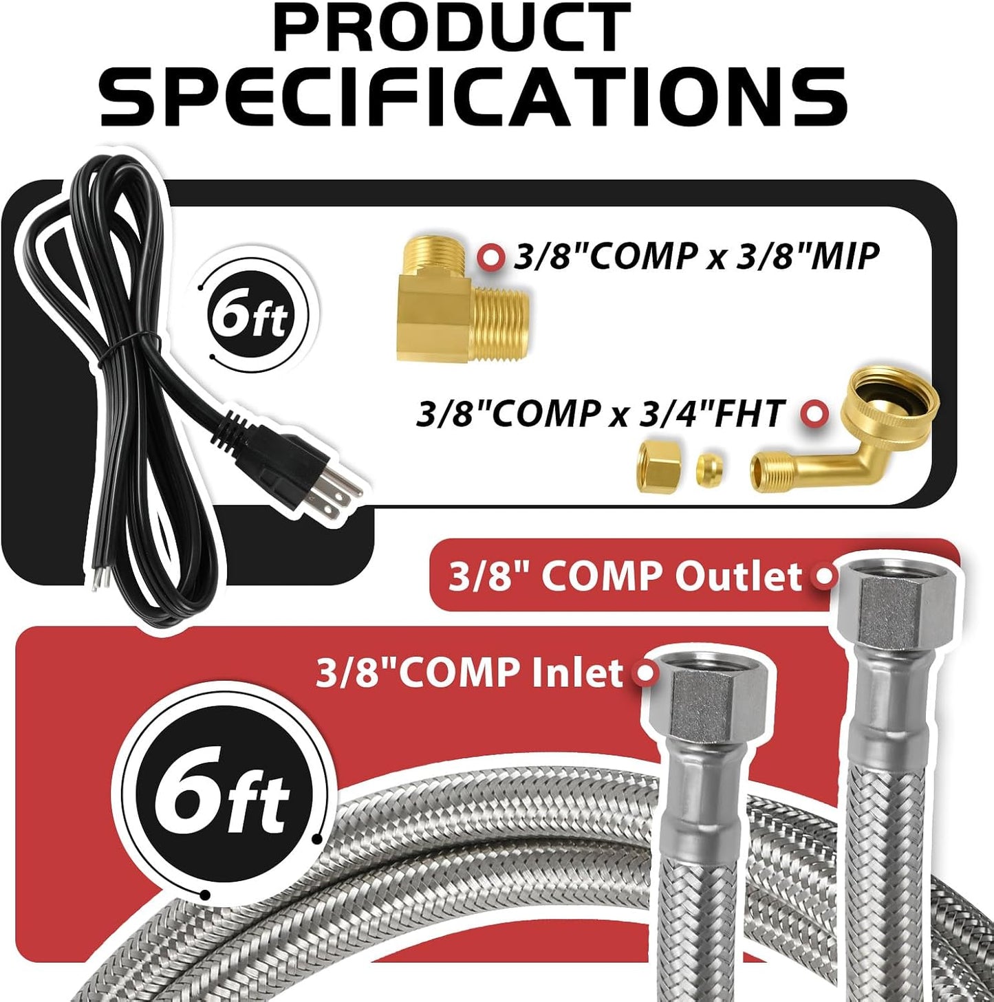 Kit instalación lavavajillas manguera acero inox 6ft adaptador 3/8pulg