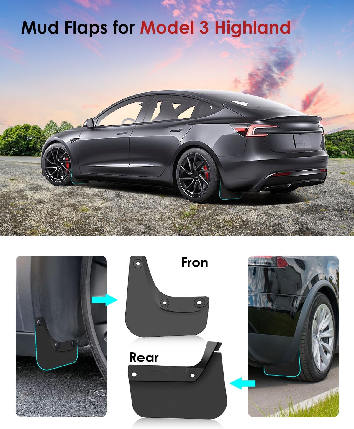 Solapas barro Tesla Model 3 2024 flexibles 4 pzas negro
