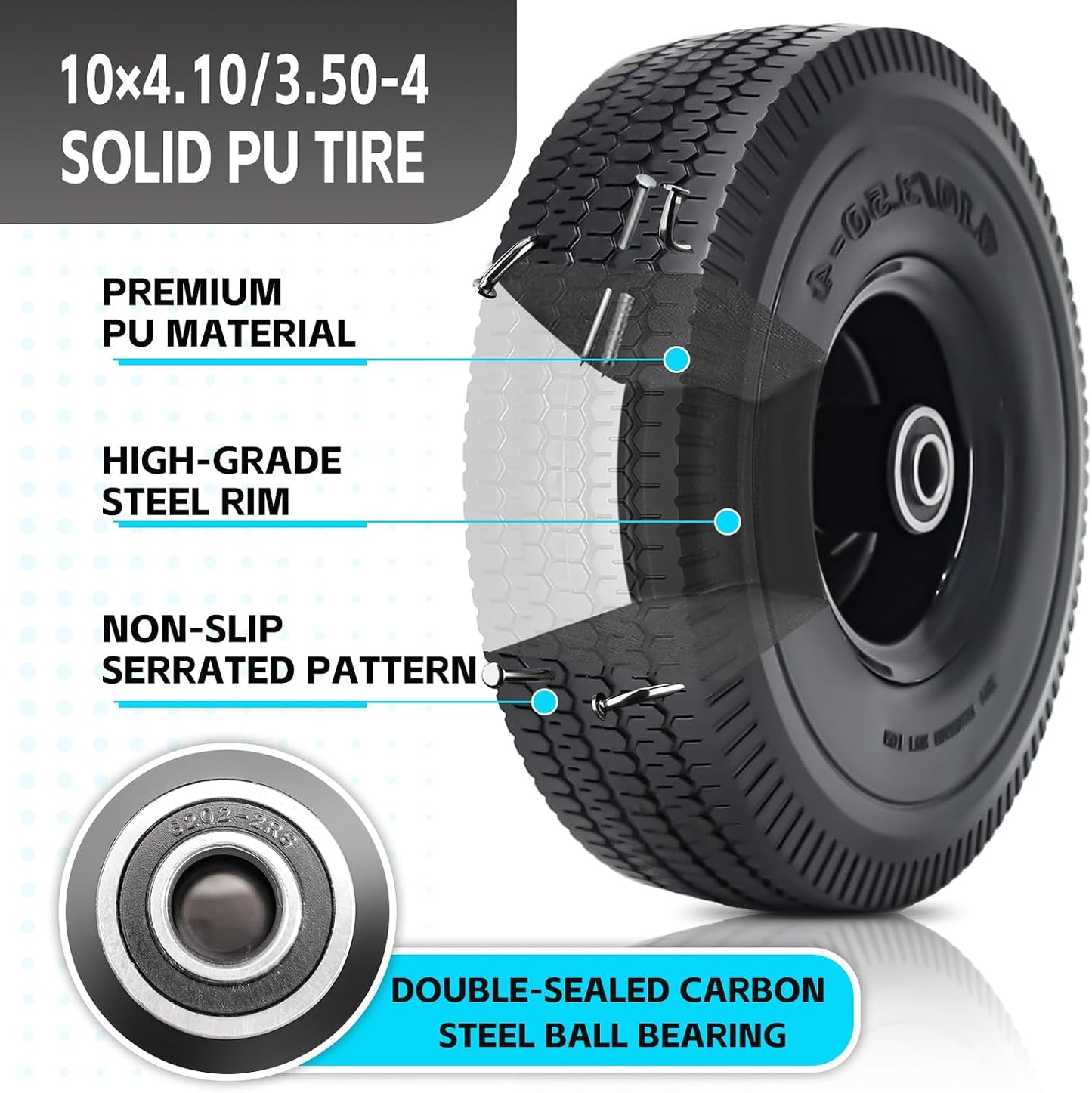 2 Pack Ruedas 10x4.10 PU Antipinchazos 5/8 Agujero 2.24 Bujes