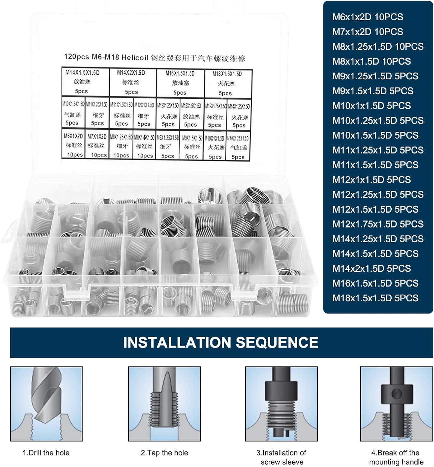 Kit 120 Pzas Insertos Roscados Acero Inox M3-M18