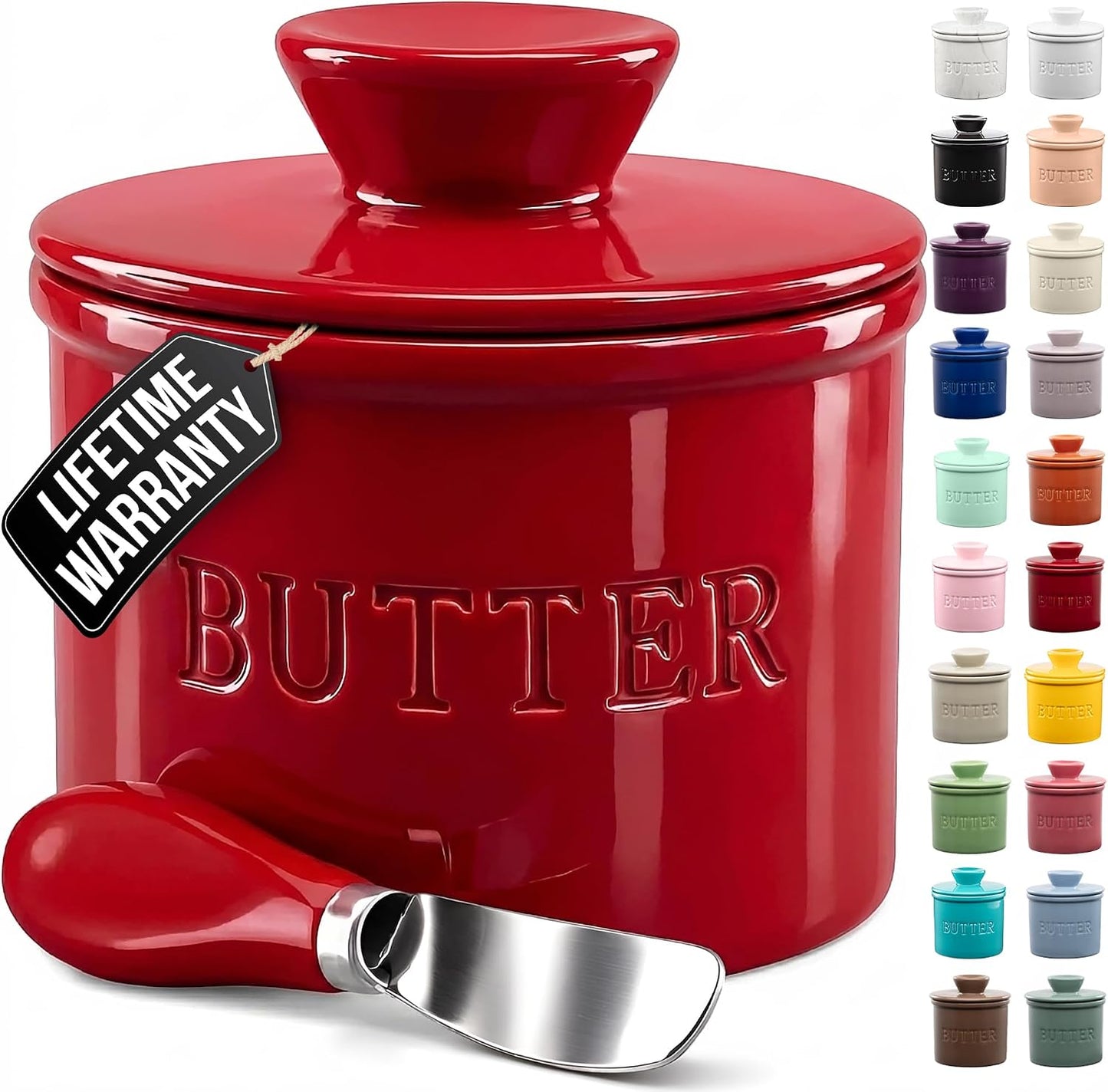 Mantequillera porcelana con tapa y cuchillo rojo