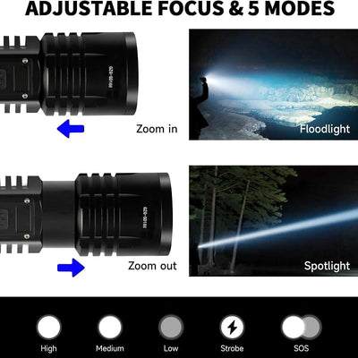 Linterna LED Recargable 10000lm Alta Potencia Impermeable Negra