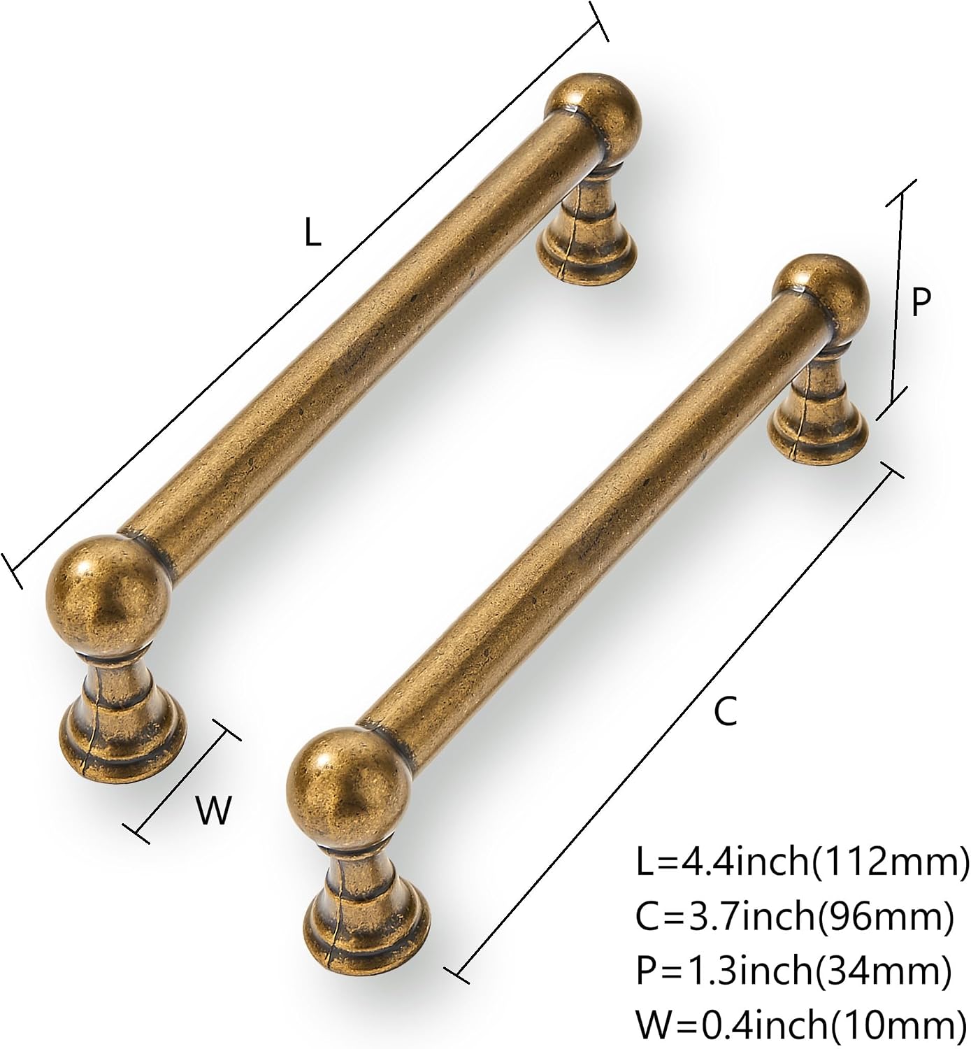 2 Manijas Latón Antiguo para Cajón Cocina 3-3/4pulg