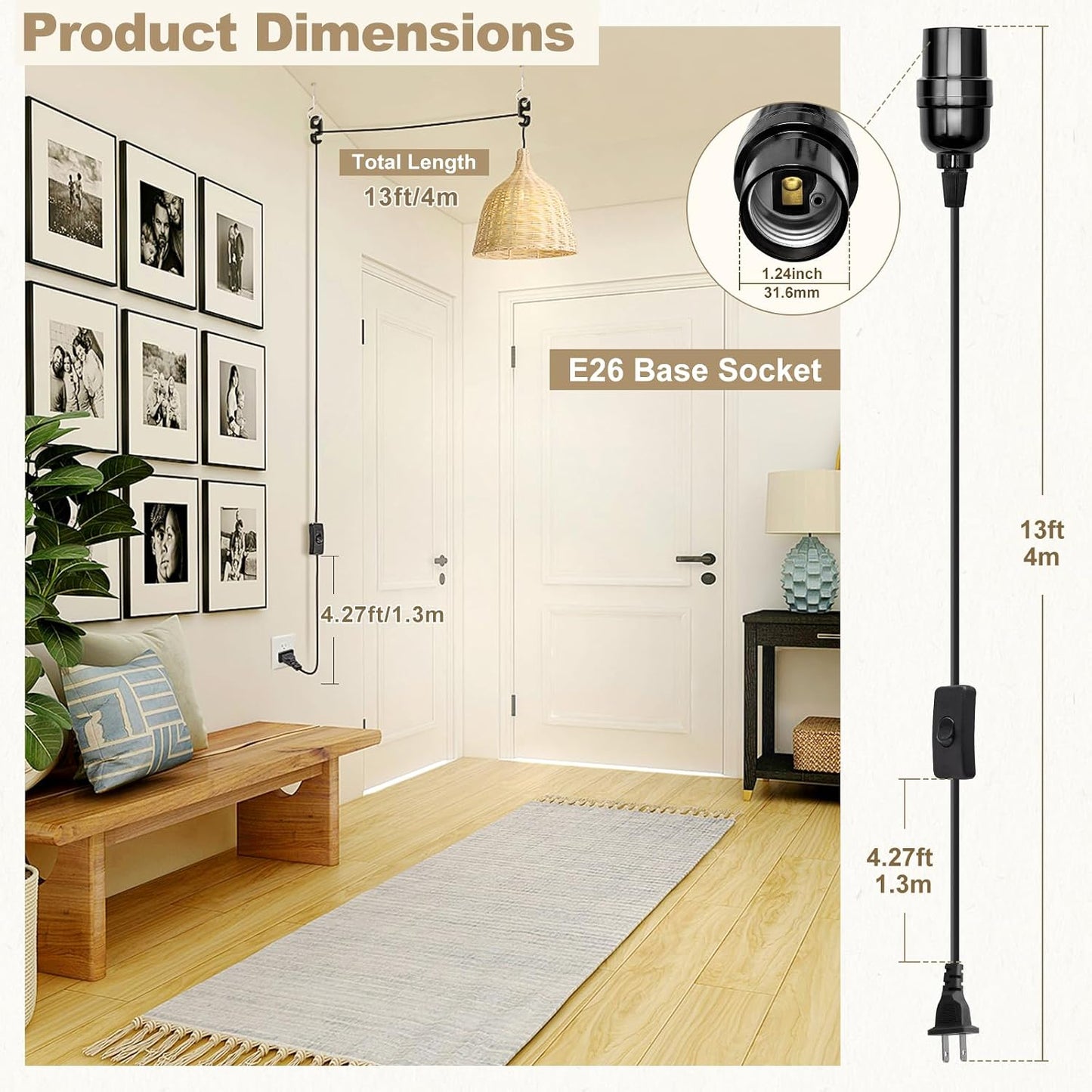 Cable extensión farol enchufe E26 interruptor 13ft base mediana