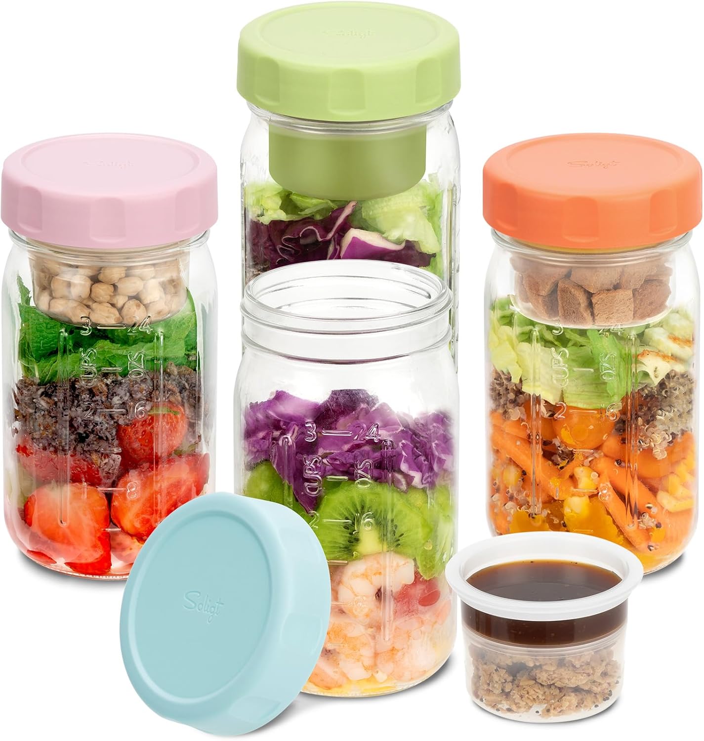4 Tarros Vidrio Mason 32oz con Tapas y Vasos Rosa/Naranja/Azul/Verde