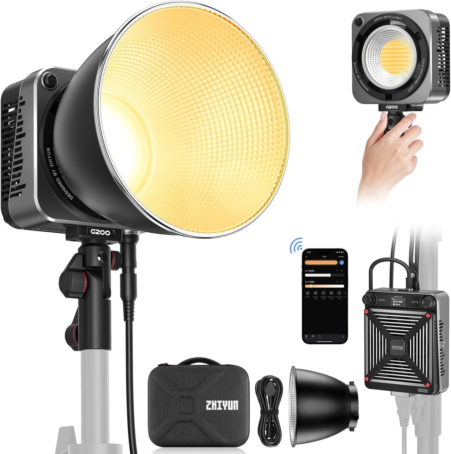Luz video COB 200W 2700-6500K con montura Bowens y control APP