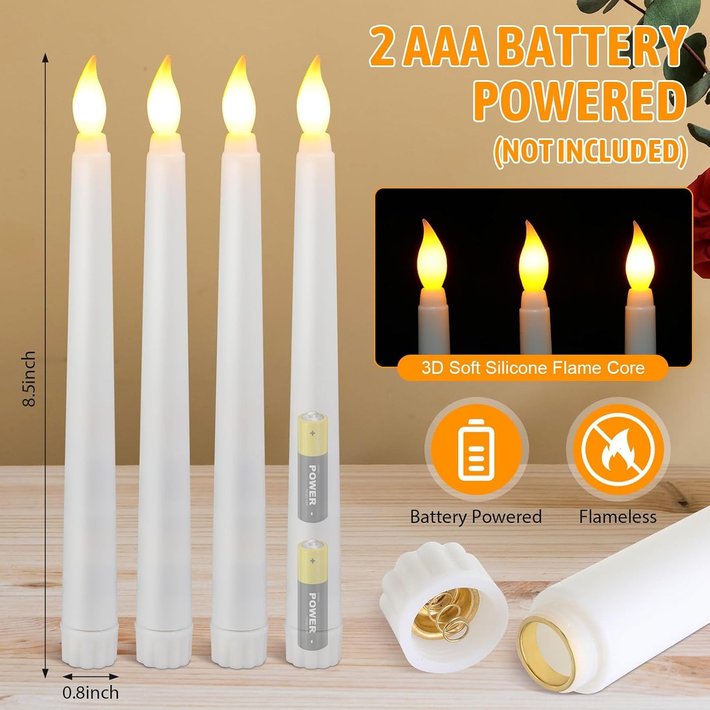 100 Pzas Velas Cónicas LED 8.5pulg Parpadeantes Boda