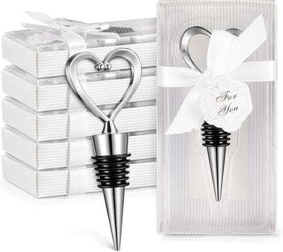 30 Tapones Corazón Vino Boda Plateado con Caja