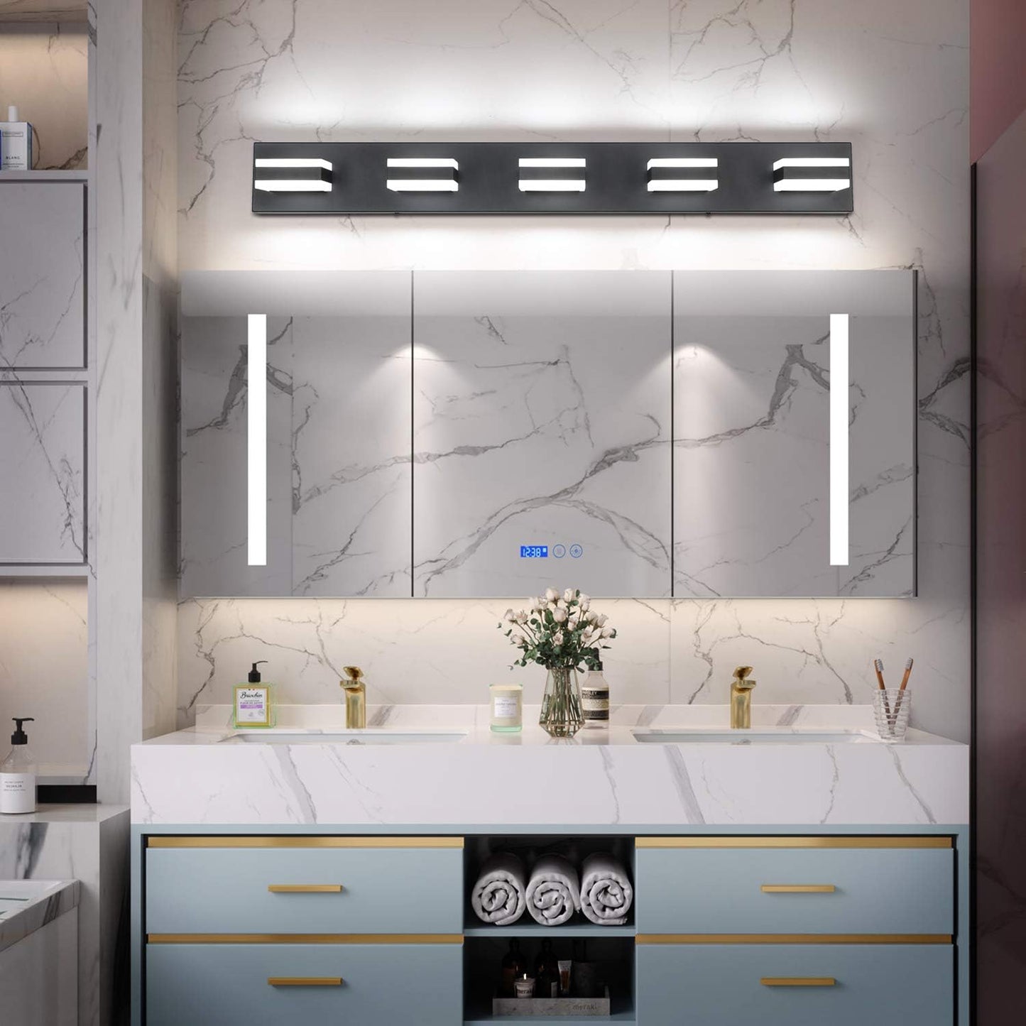 Luces tocador baño 5 LED negras sobre espejo