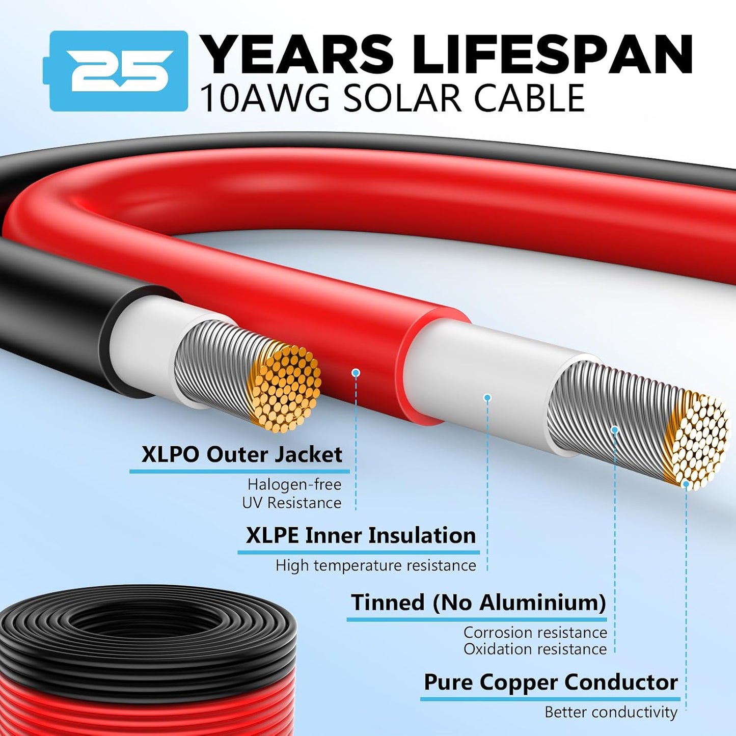 Cable solar 10AWG 165pies cobre estañado para hogar RV barco