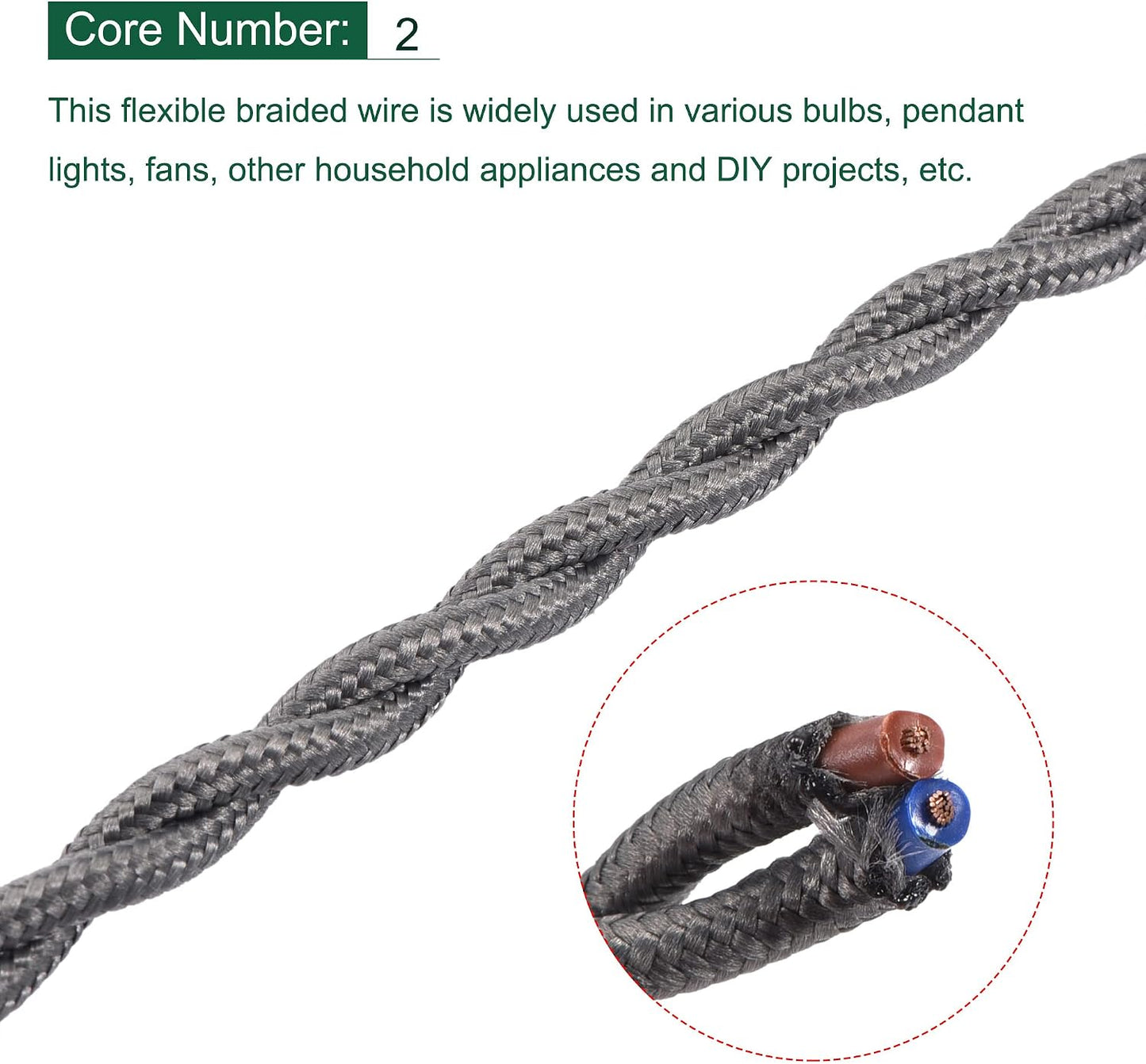 Alambre tela trenzada 18 AWG 9.8pies cable eléctrico vintage gris