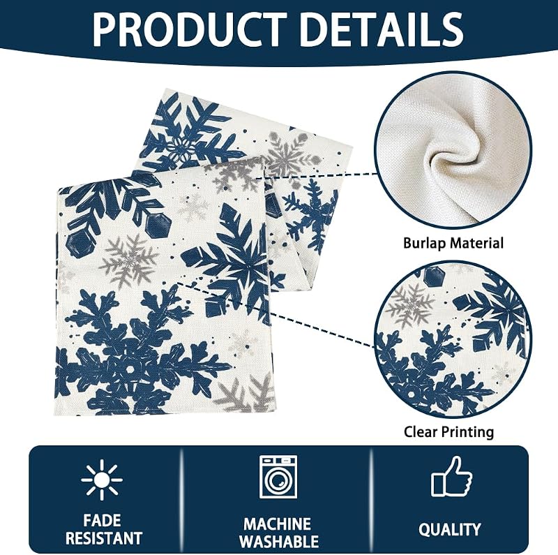 Mesa navideña invierno copos nieve plateados azules 13x72pulg