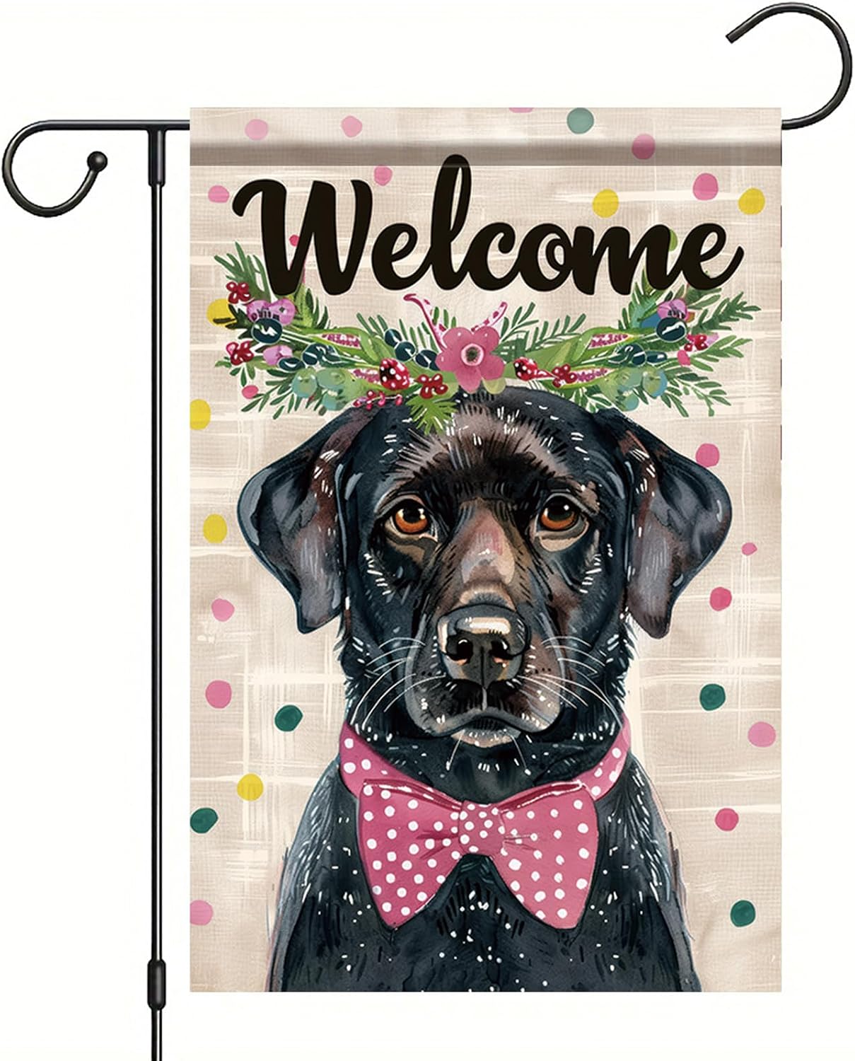 Bandera jardín perro labrador negro pajarita floral