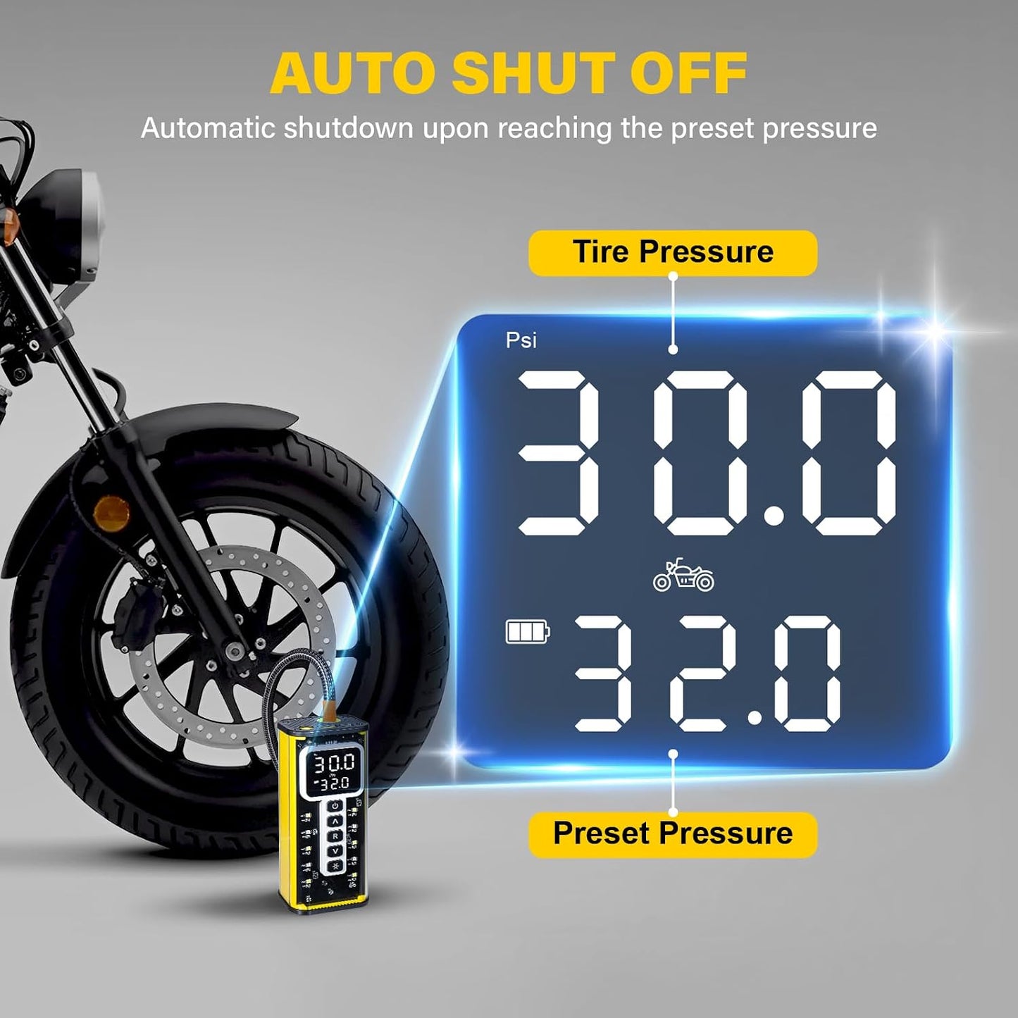 Inflador neumáticos compresor aire 150 PSI con manómetro LED