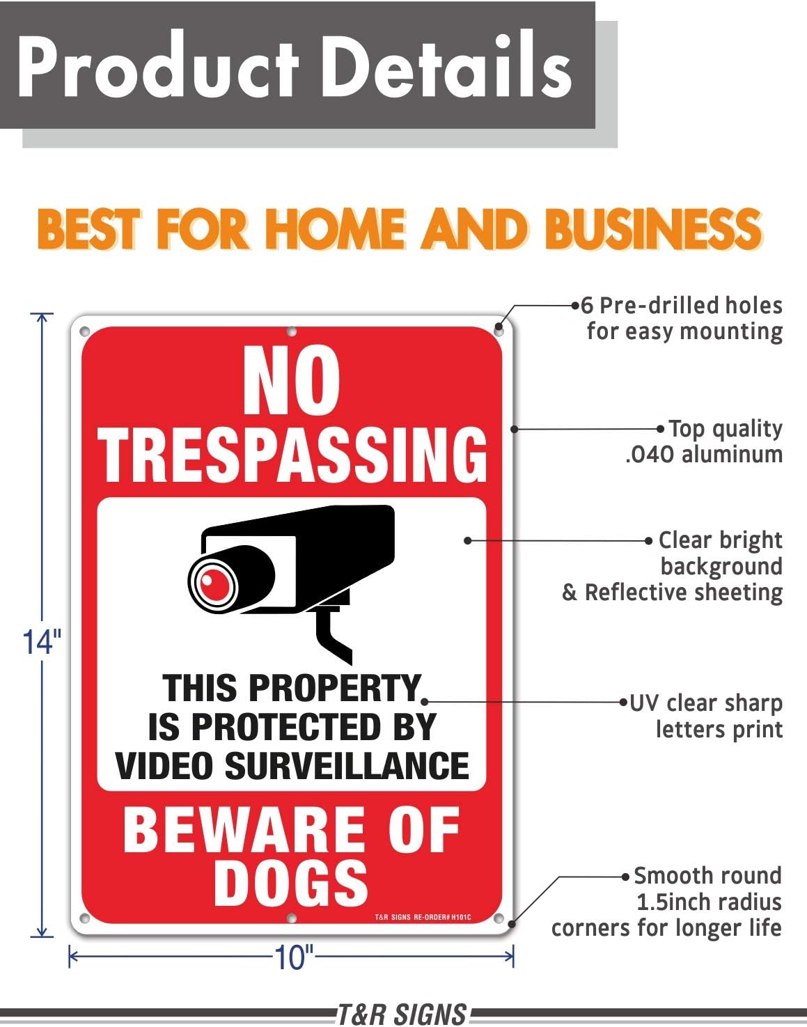 Cartel aluminio No Trespassing 14x10" con 6 agujeros