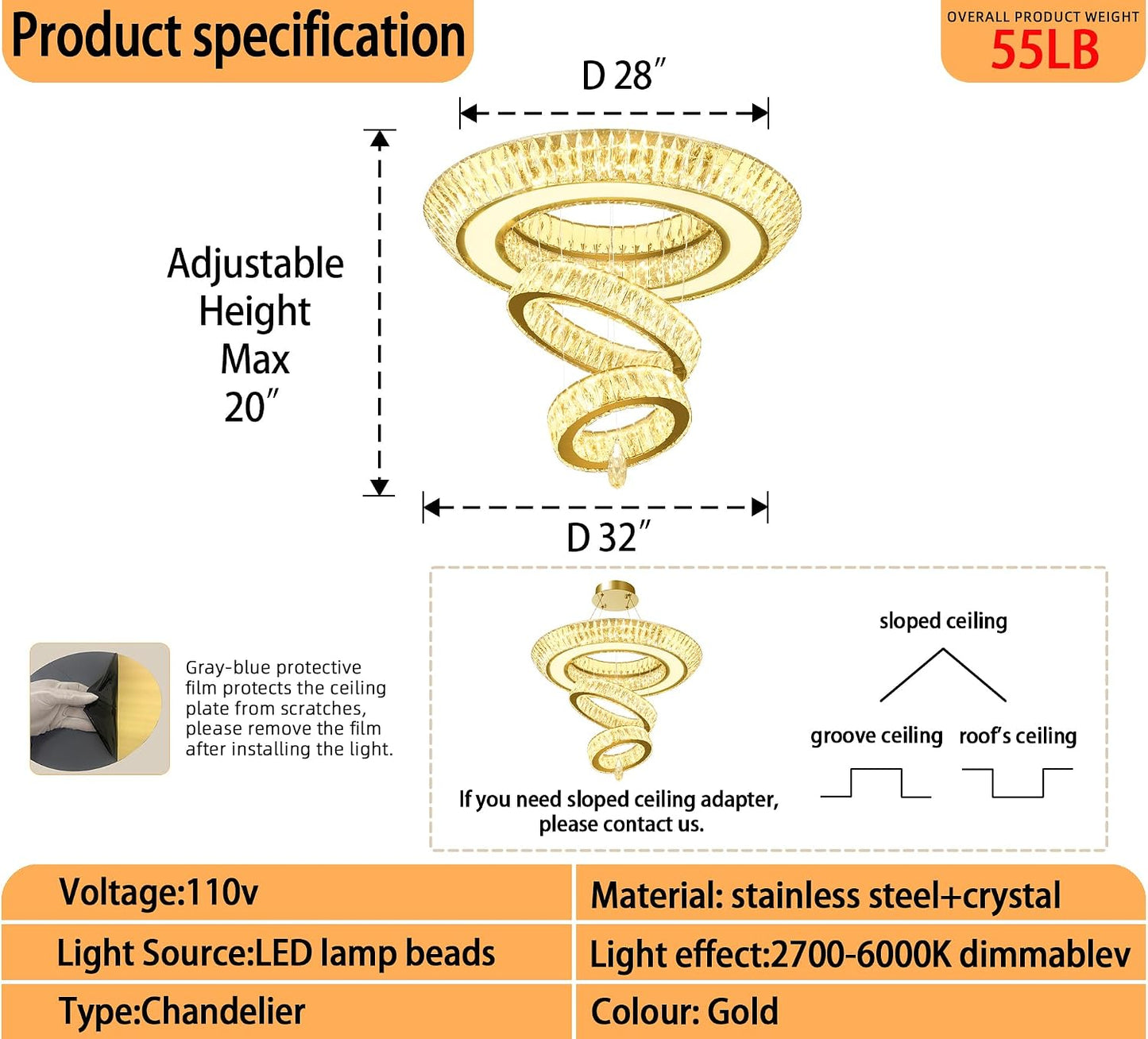Candelabro cristal led anillo dorado 32pulg 3 niveles