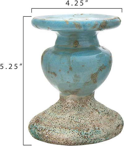 Soporte vela pilar terracota azul envejecida