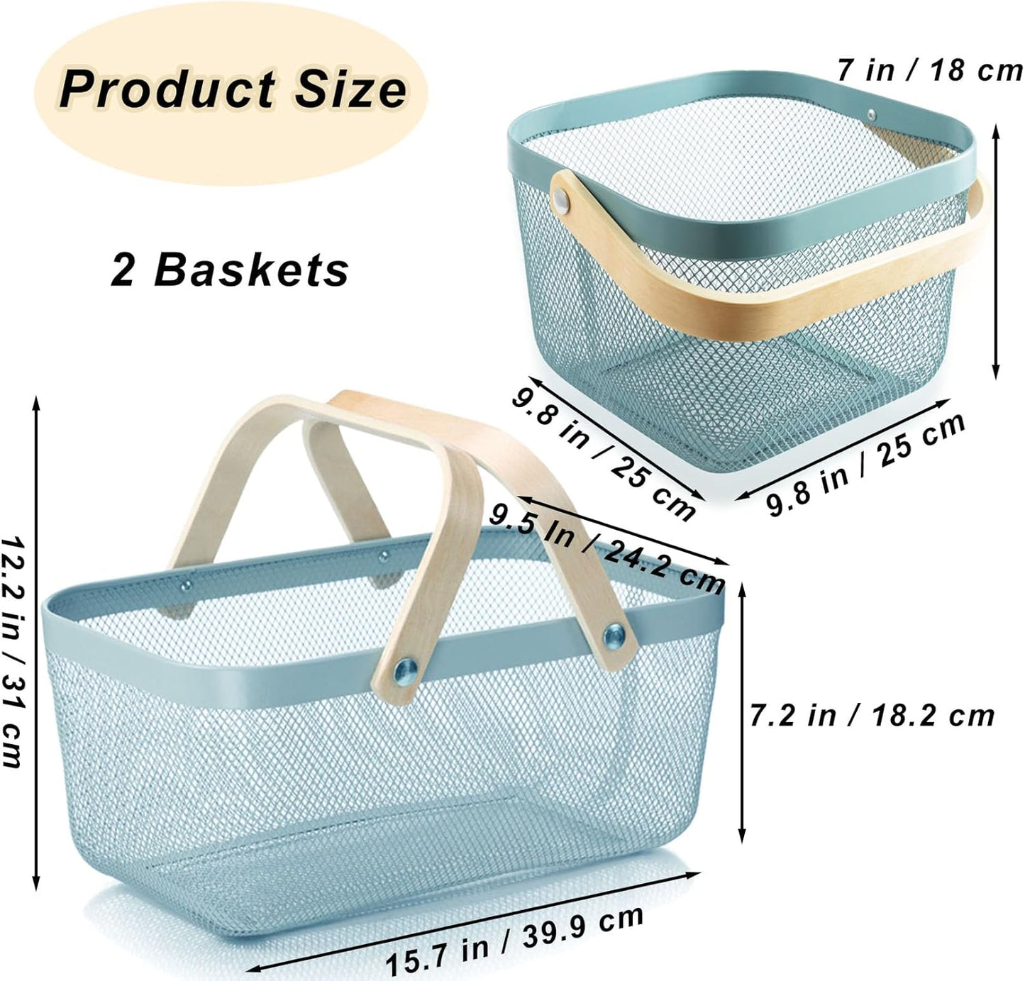 2 Cestas Picnic Malla Metálica Mango Madera Plegable Azul