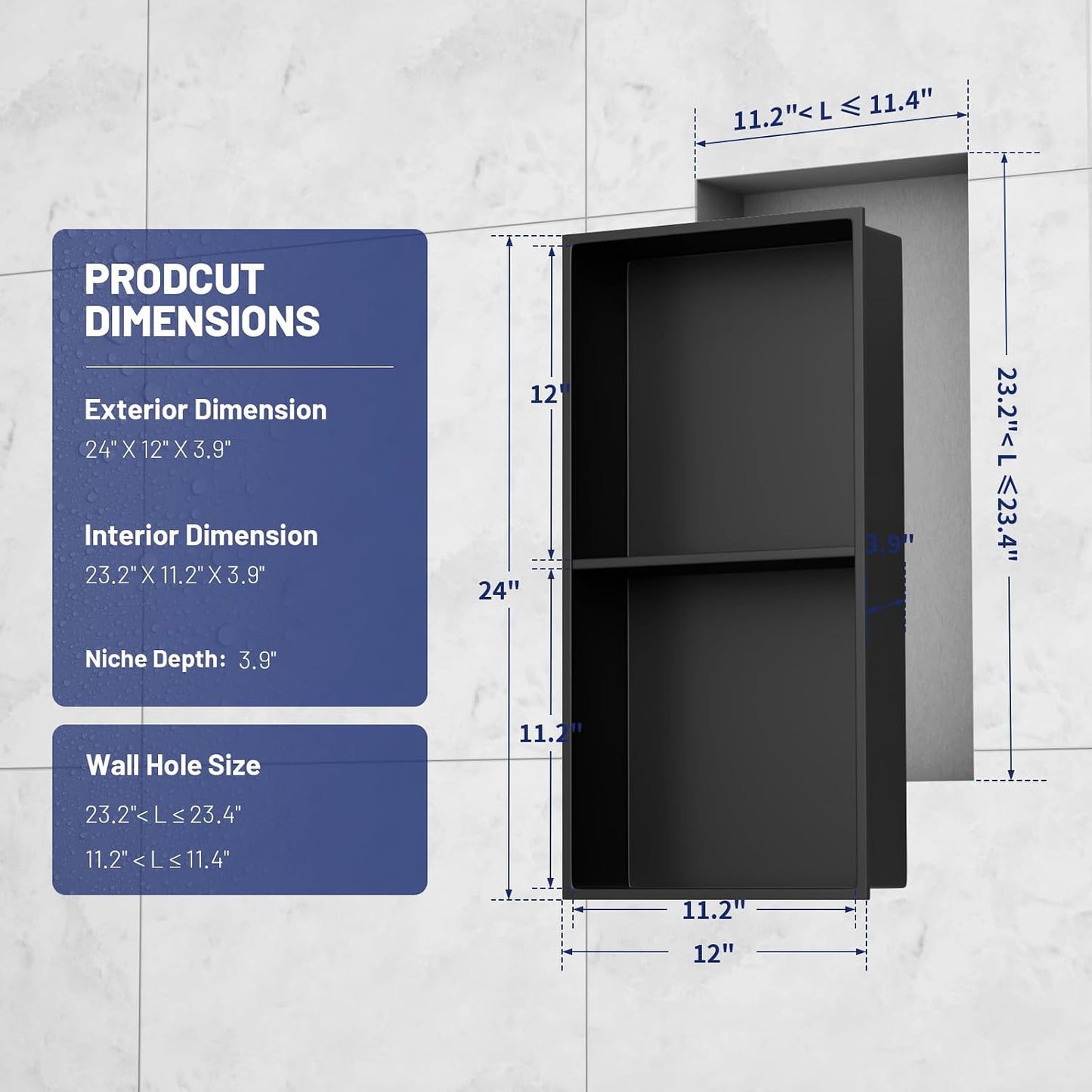 Nicho ducha acero inox 12x24" estante empotrado negro mate