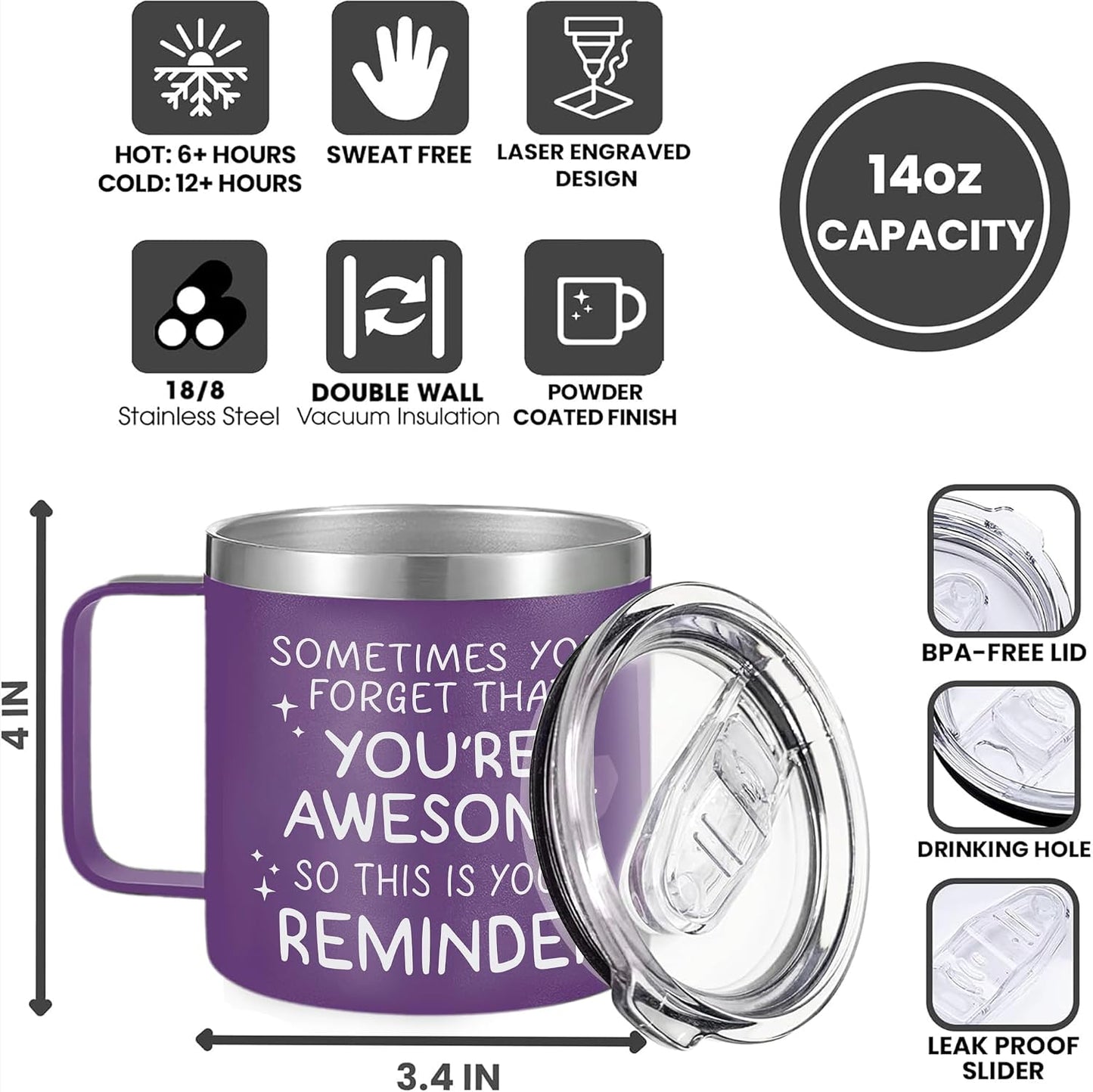 Taza 14oz aislada con tapa y pajita para mujer inspiradora