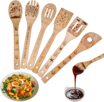 Set 6 cucharas madera tortugas utensilios cocina bambú grabado