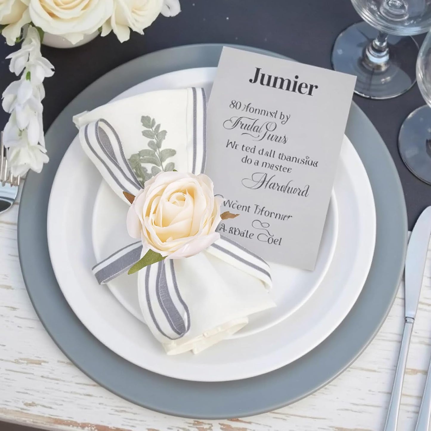 6 Servilleteros Rosas Blancas con Soporte Dorado