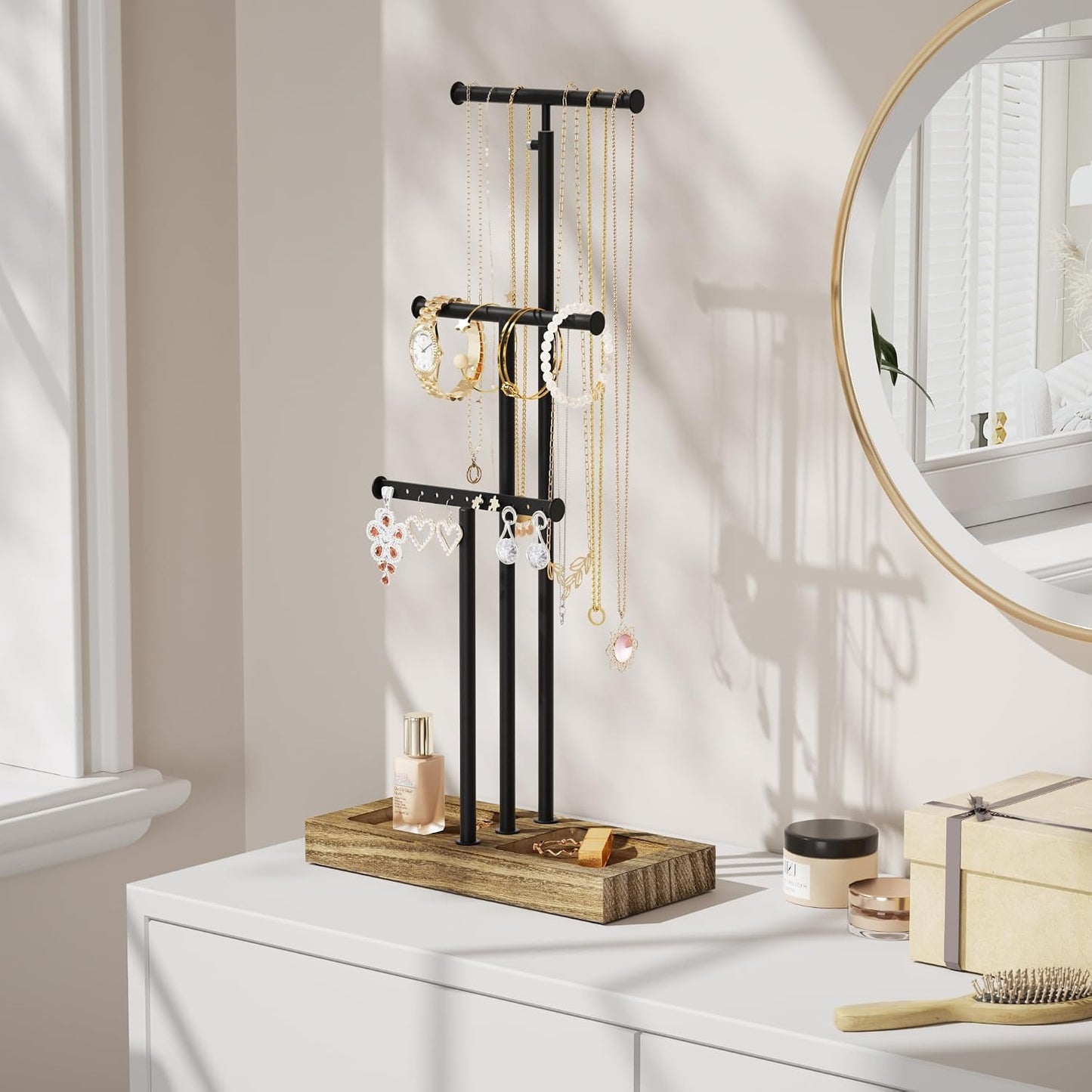 Organiz. joyas soporte metal base madera negro