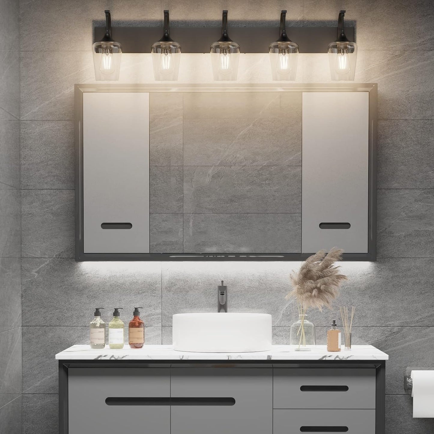 Lámpara baño negro mate 5 luces vidrio transparente vintage