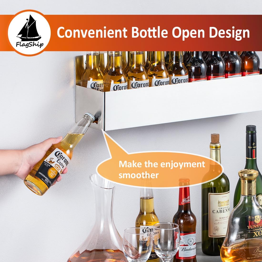 Soporte botellas acero inox 22pulg pared bar cocina