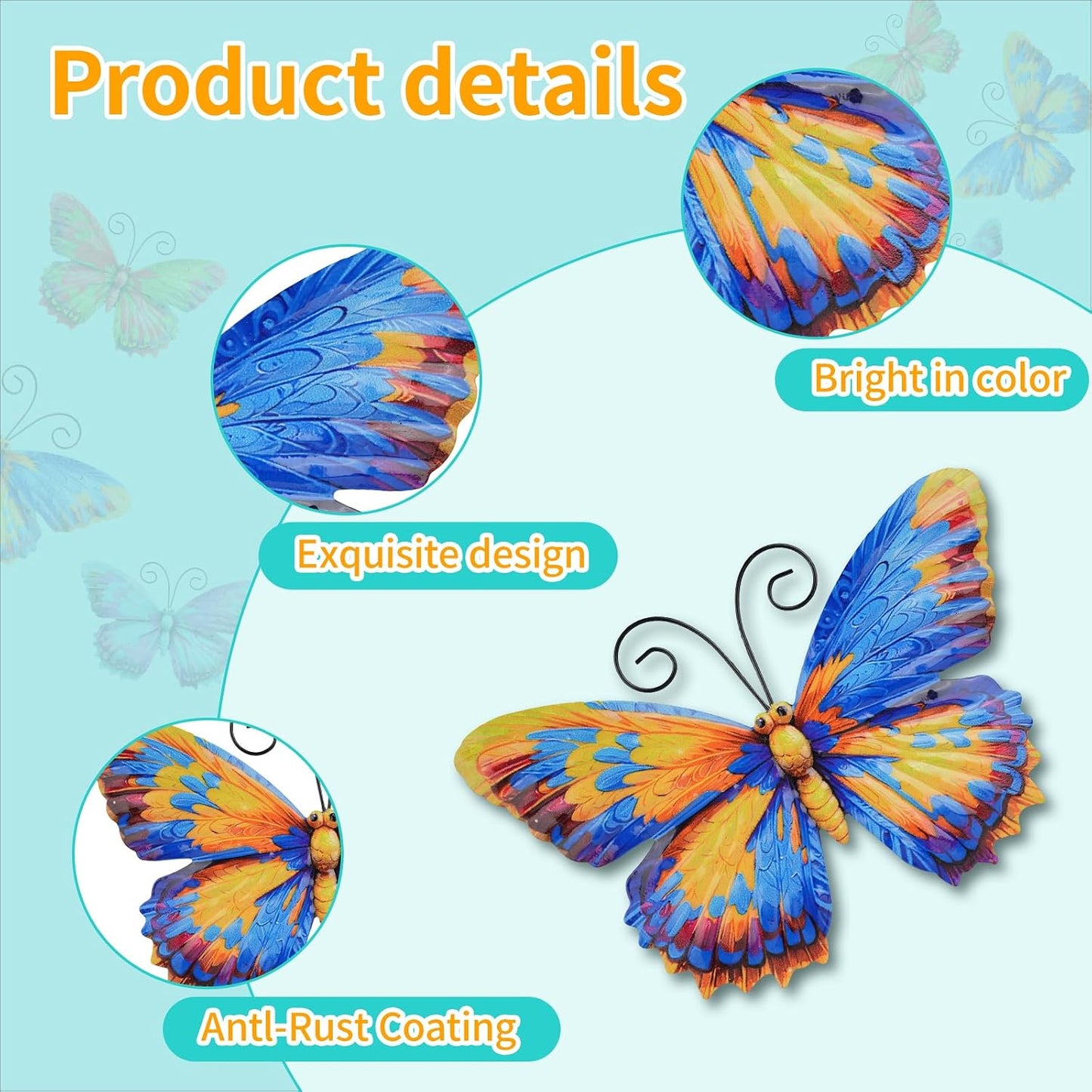 4 Pzas Decoración Pared Mariposa Metal 7.5" Colgante Jardín