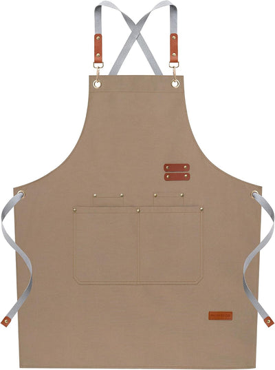 Delantal chef con bolsillos lona algodón espalda cruzada beige