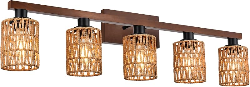 Lámpara baño boho 5 luces pantalla ratán madera vintage