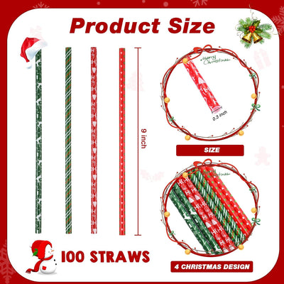 100 Pzas Pajitas Plástico Navidad 9pulg Reutilizables 4 Estilos