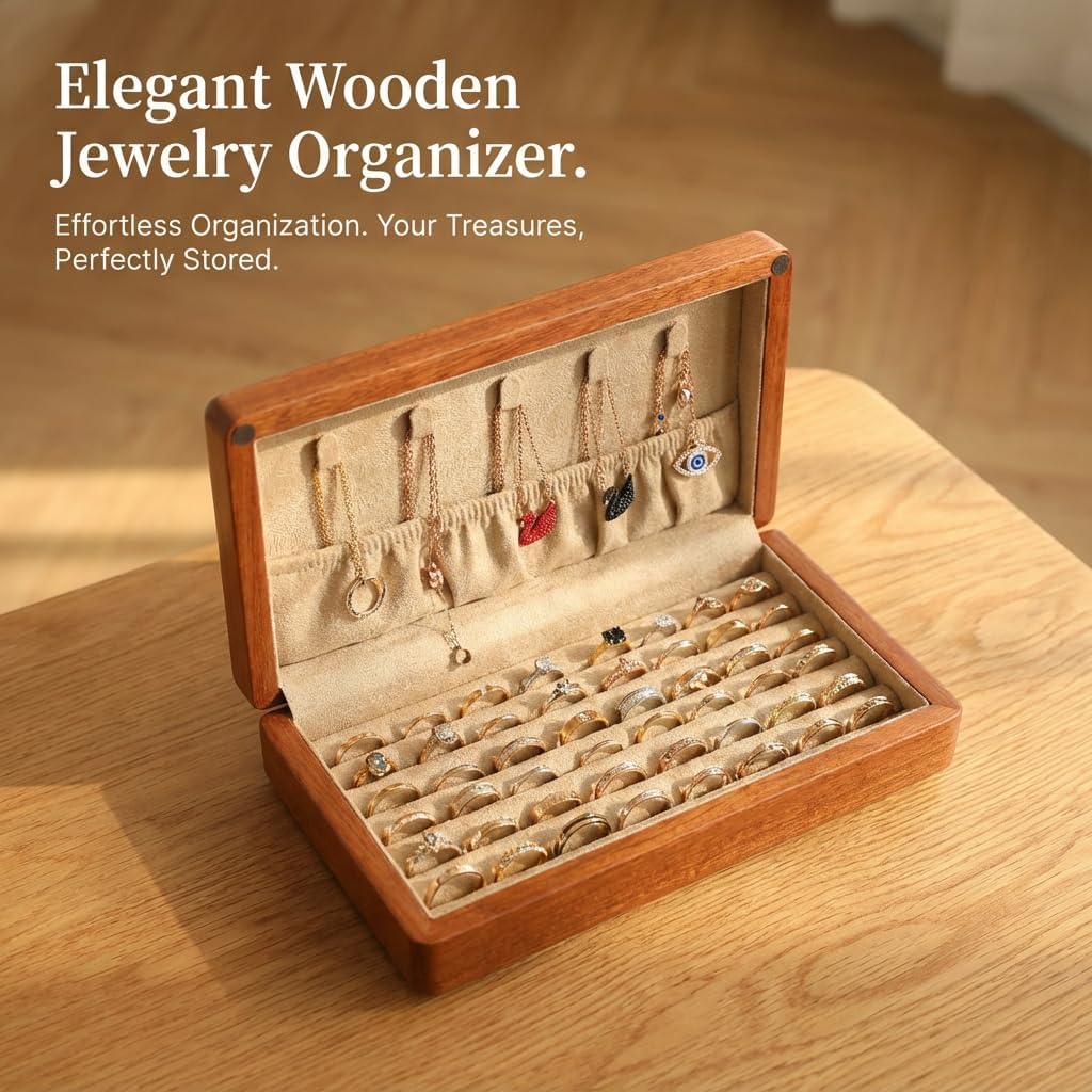 Caja organizadora joyas madera terciopelo bisagras
