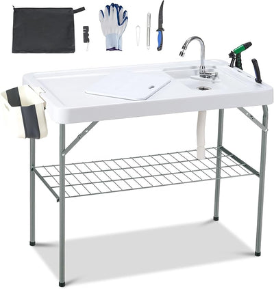 Mesa fregadero campamento con grifo y manguera