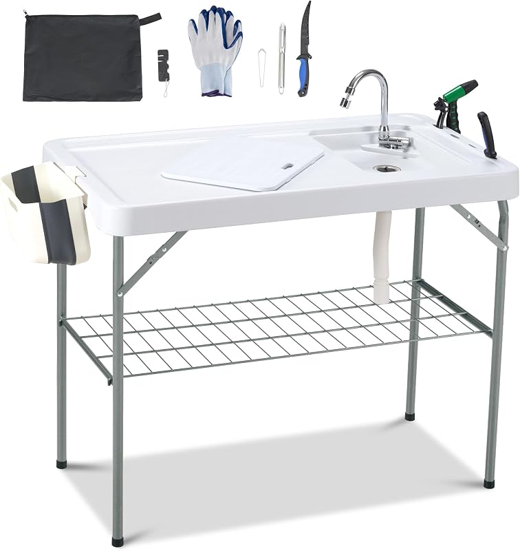 Mesa fregadero campamento con grifo y manguera
